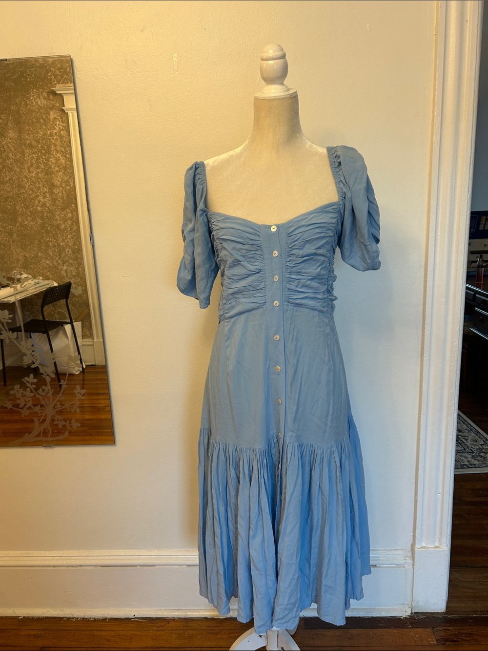ELF Sky Blue Ruched Button-Front Midi Dress